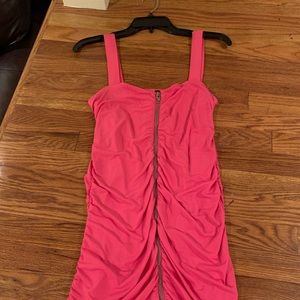 Pink ruched jersey front zip sexy dress